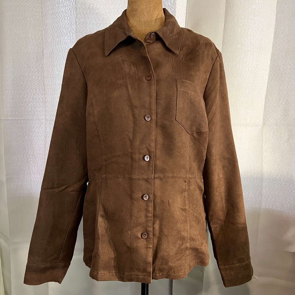 Faux Leather Brown Button Down Women's Shirt size L